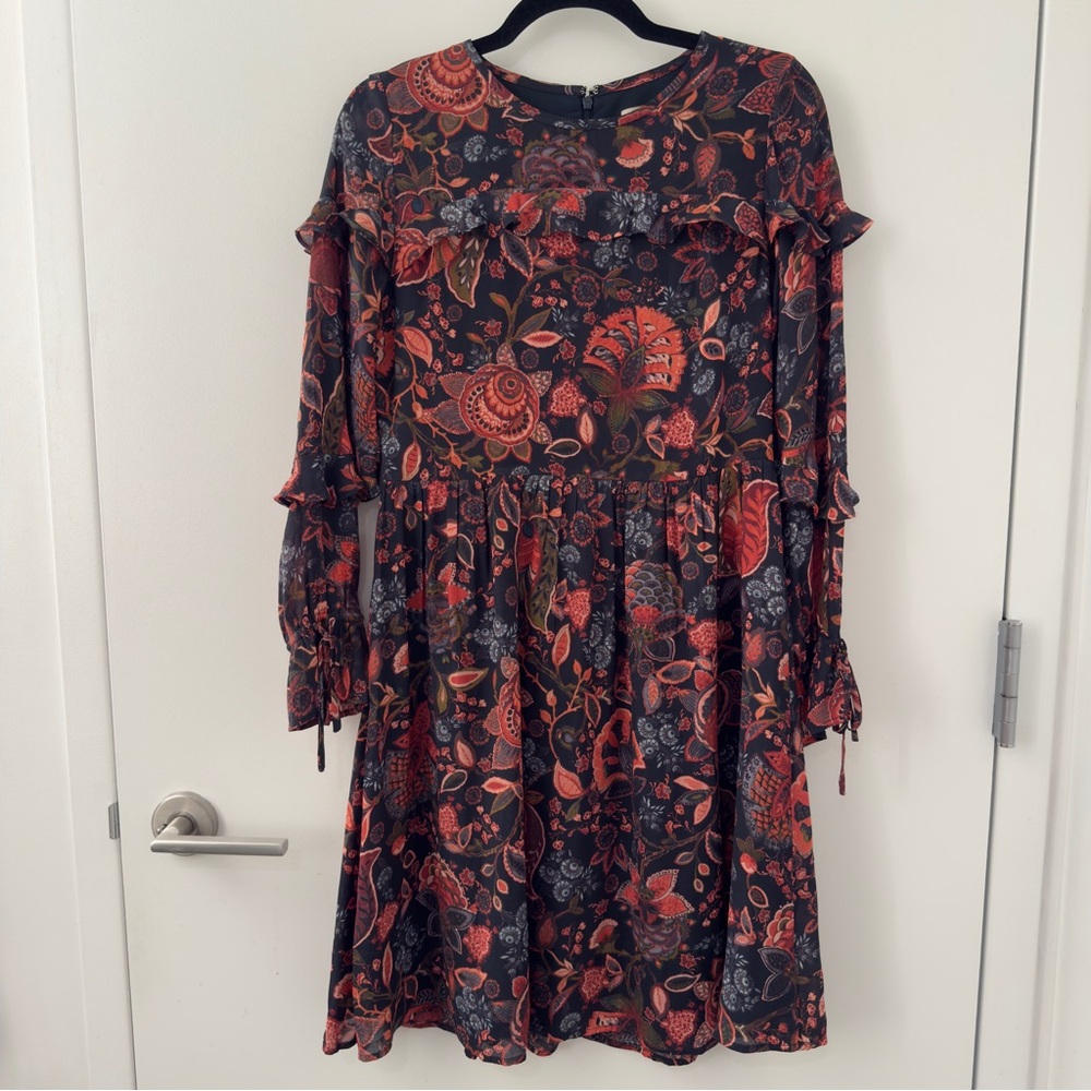 Ann Taylor Loft Floral Ruffle Dress Size 4 Small S Boho Long Sleeve Lined A-Line
